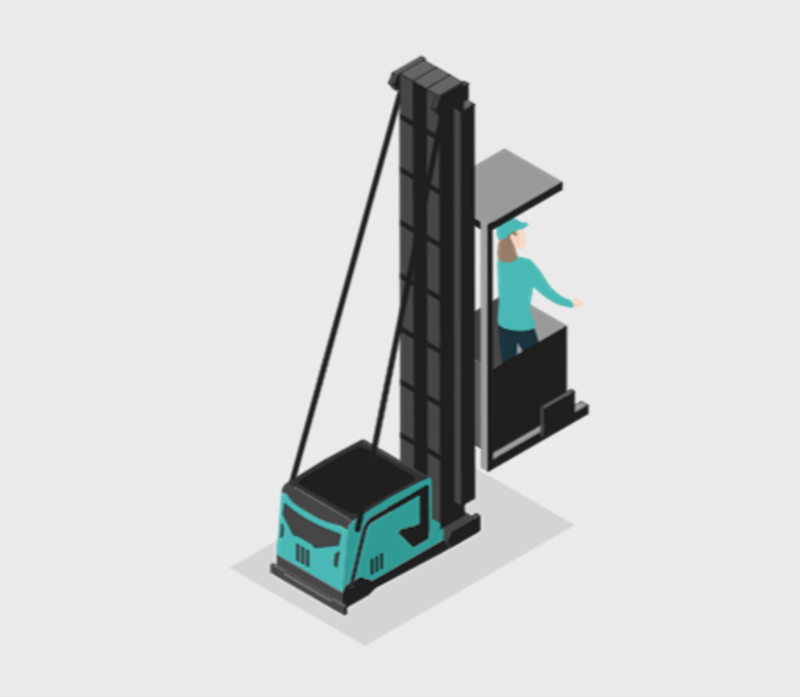 A high lift order picker with a woman in the cabine