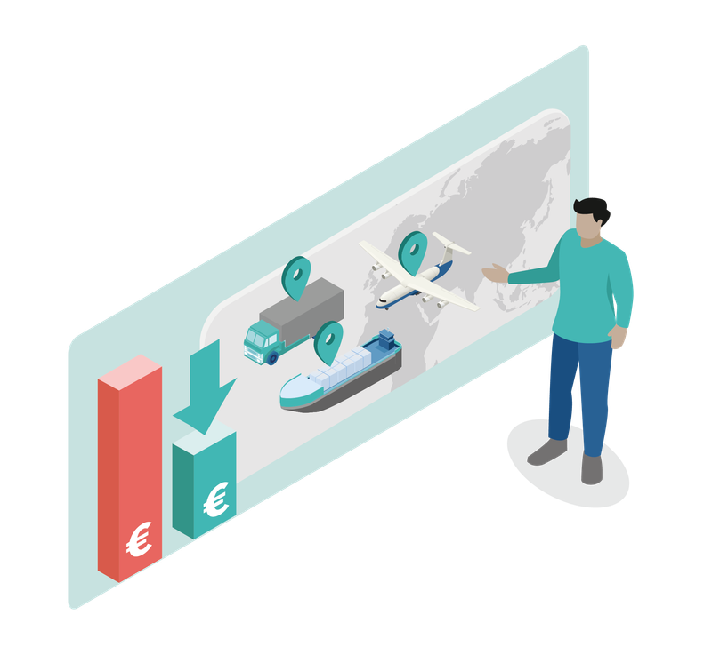 Freight cost optimization is represented by a man standing in front of a board on which a world map with a ship, plane and truck can be seen. Two columns can be seen on the left-hand side. These show that freight cost optimization reduces costs.