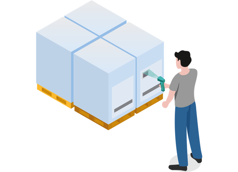 Man holds handheld scanner and scans code on pallet