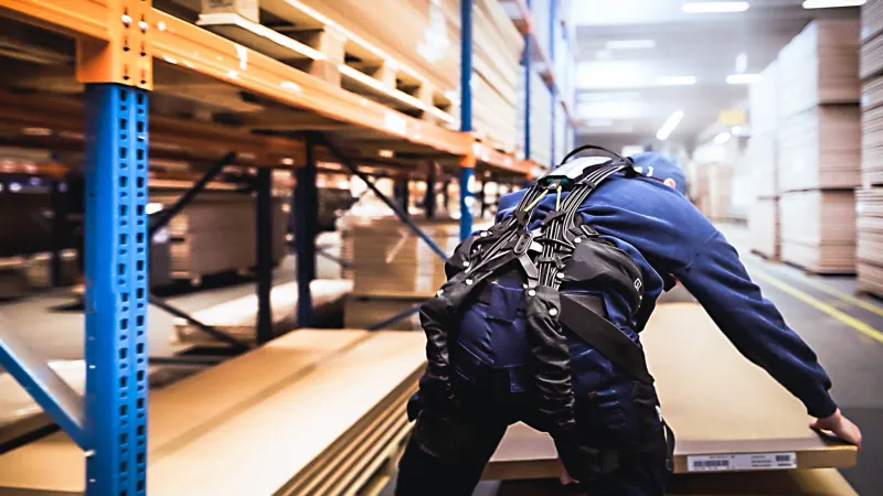Mann kommissioniert mit Exoskelett von Htrius