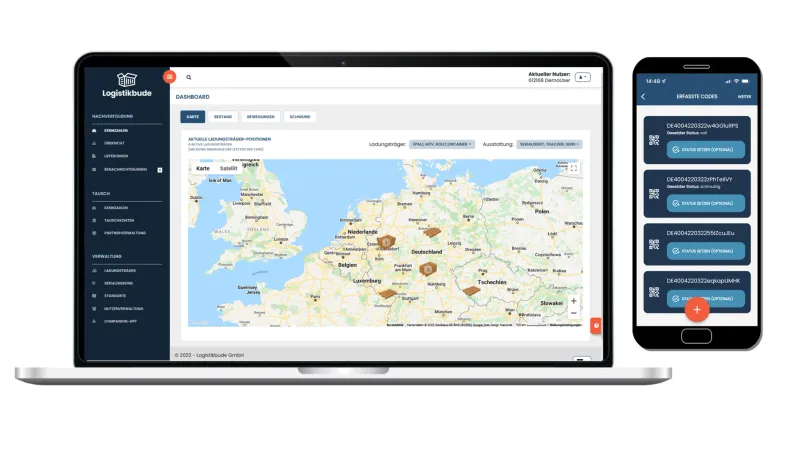 Laptop und Handy mit Logistikbudenapp offen mit Tracking Funktion
