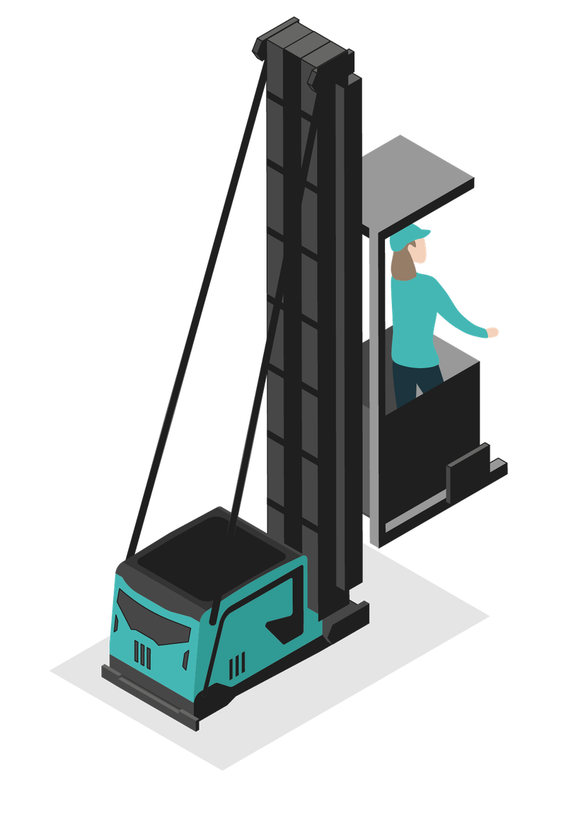 Ein Vertikalkommissionierer mit einer Frau in der Kabine