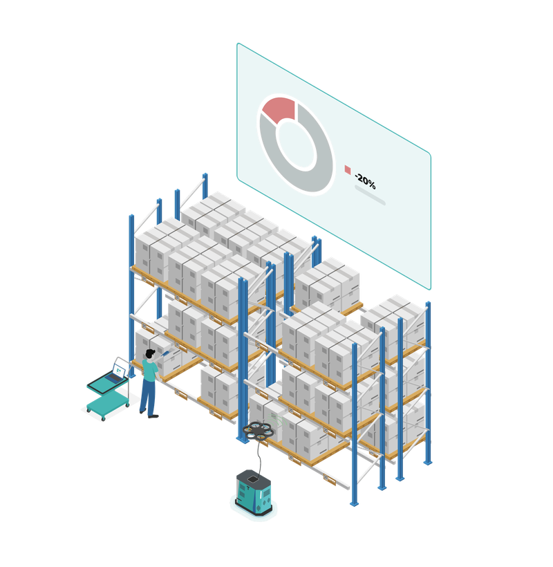 Isometric image of an inventory drone in a picking aisle