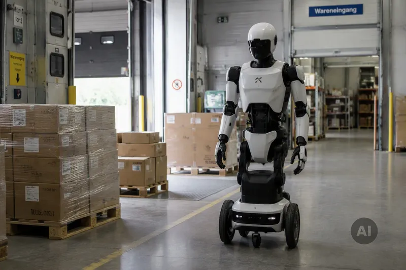 Humanoid robots on wheels in the receiving area