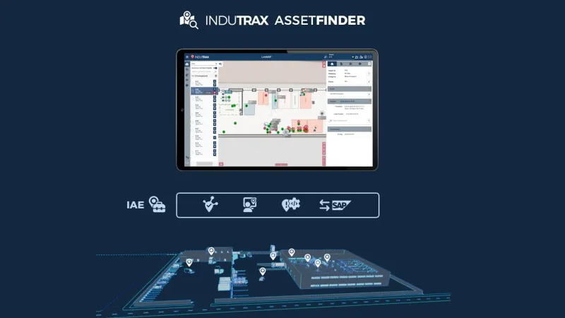 Visualisierung des ASSETFINDER im Einsatz: Echtzeit-Überblick über bewegliche Betriebsmittel auf dem Werksgelände – mit interaktiver Kartenansicht, Ereignismeldungen und automatischer Objektnachverfolgung.