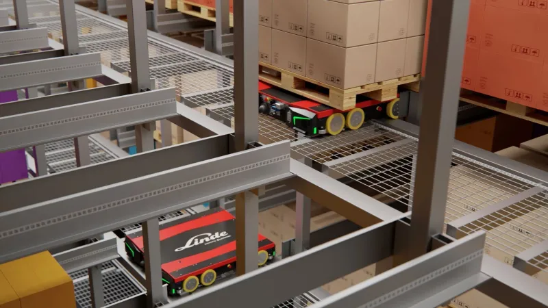 Linde S-MATIC cube - automated 4-way pallet shuttle system loaded and on different floors