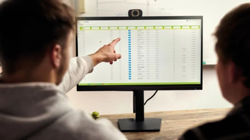Zwei Personen analysieren Lagerdaten und Kennzahlen auf einem Monitor mit storelogix Dashboard zur Prozessüberwachung.