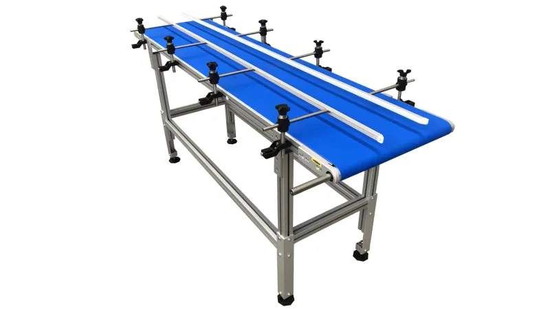 System Integrator for Material Flow Optimization: blue conveyor belt