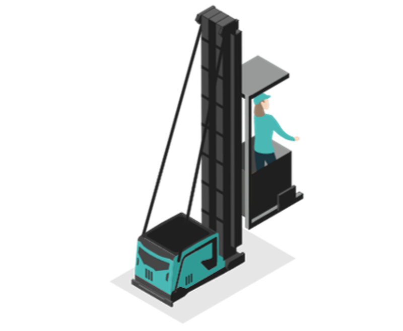 A high lift order picker with a woman in the cabine